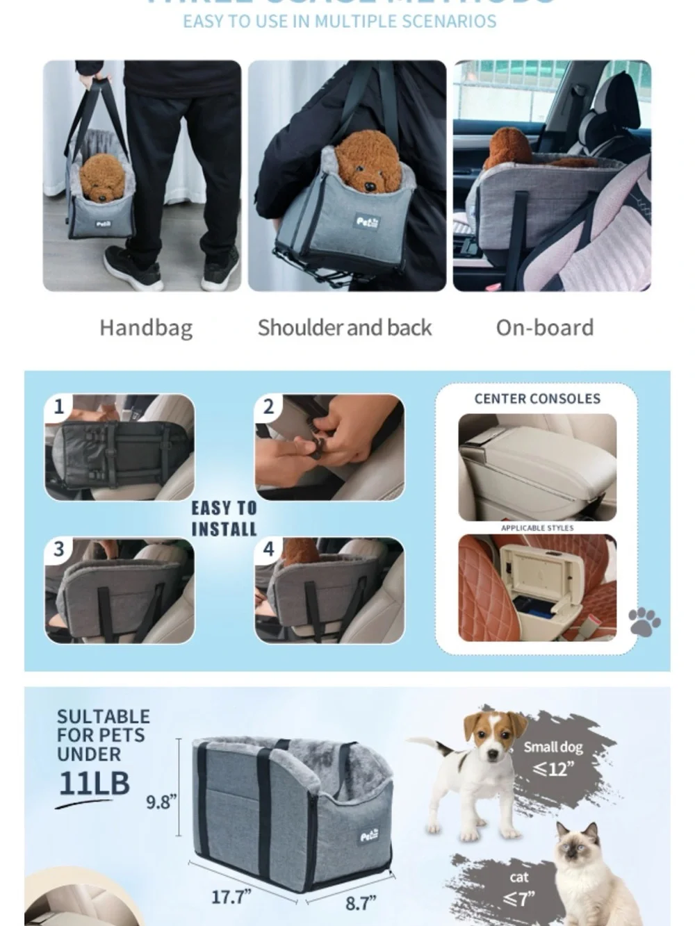 Gray Pet Car Seat Booster with Plush Lining